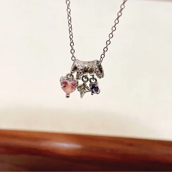 ✨ cute dangle with little pink heart tones/ star/ purple stones necklace - Picture 3 of 12
